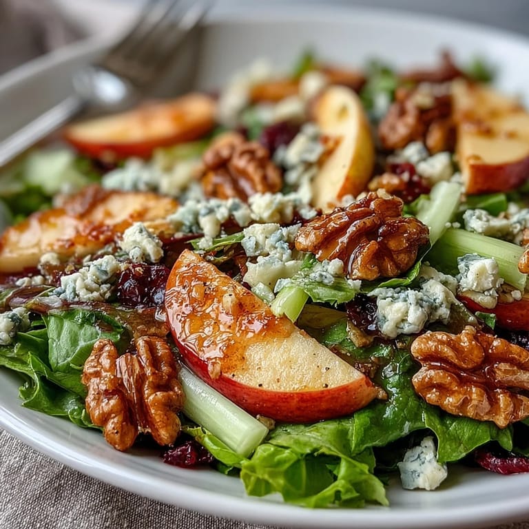 A close-up of the Apple and Walnut Salad, featuring crunchy walnuts and crumbled blue cheese over vibrant greens, ready to serve as a light side.