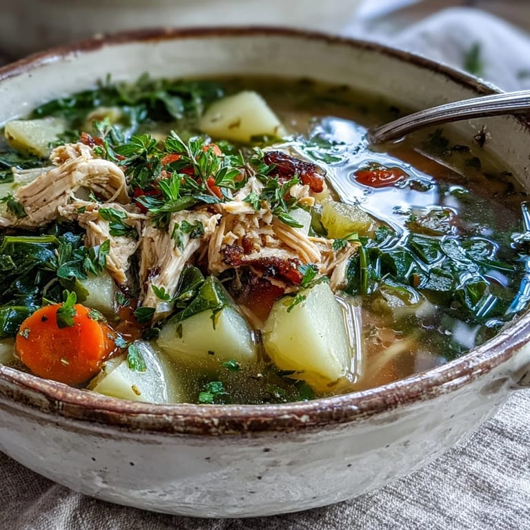 Steaming Collard Greens, Chicken and Vegetable Soup in a rustic bowl, with carrots, celery, and herbs for a nourishing main dish.