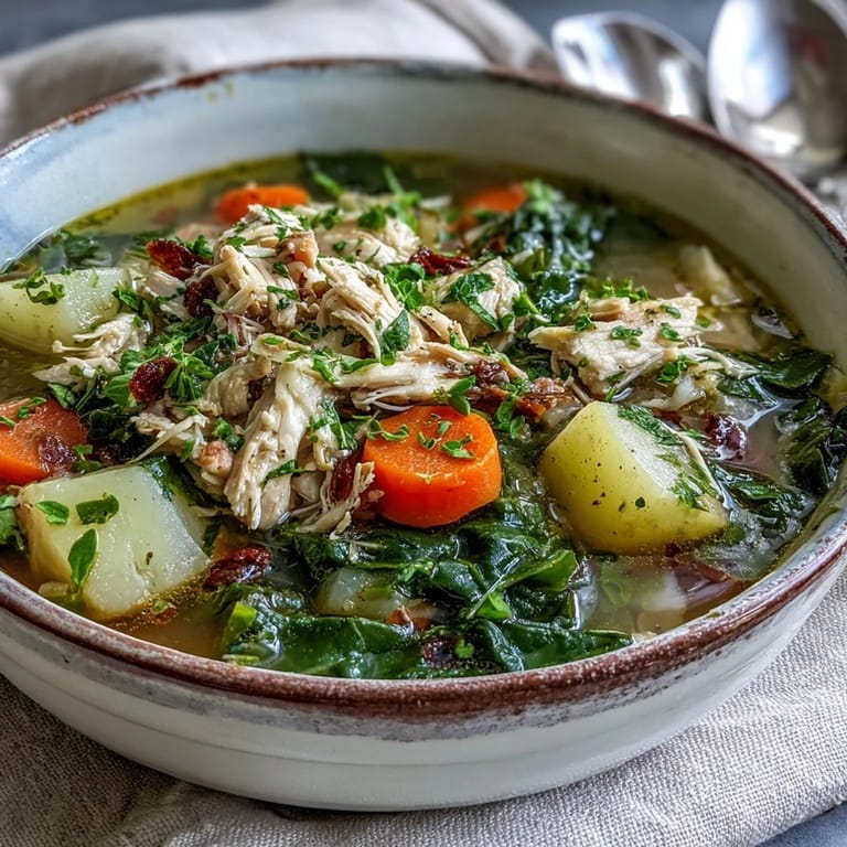 A ladle serving Collard Greens, Chicken and Vegetable Soup, rich with tender chicken pieces and hearty vegetables in a flavorful broth.
