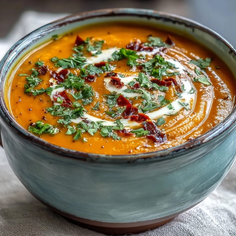 Vibrant orange Carrot, Celeriac and Chilli Soup in a white bowl, garnished with fresh herbs and a creamy yogurt swirl.