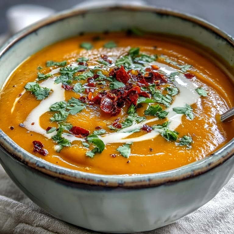 Close-up of creamy Carrot, Celeriac and Chilli Soup topped with chopped cilantro and a dairy-free yogurt drizzle.