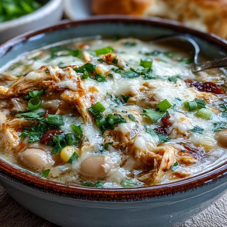 A pot of hearty white chicken chili simmering with a creamy broth, showing tender chicken and white beans ready to serve.