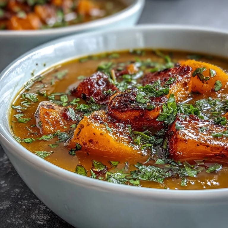Close-up of vibrant orange butternut squash and lentil soup, drizzled with olive oil and topped with fresh parsley, ready to serve with crusty bread.