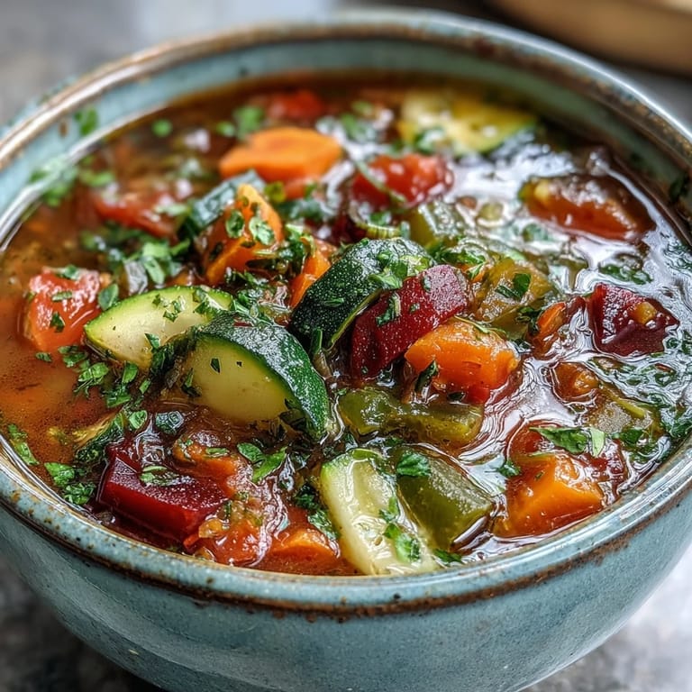 Freshly cooked Rainbow Vegetable Detox Soup in a rustic bowl, topped with parsley and served alongside a slice of crusty bread.