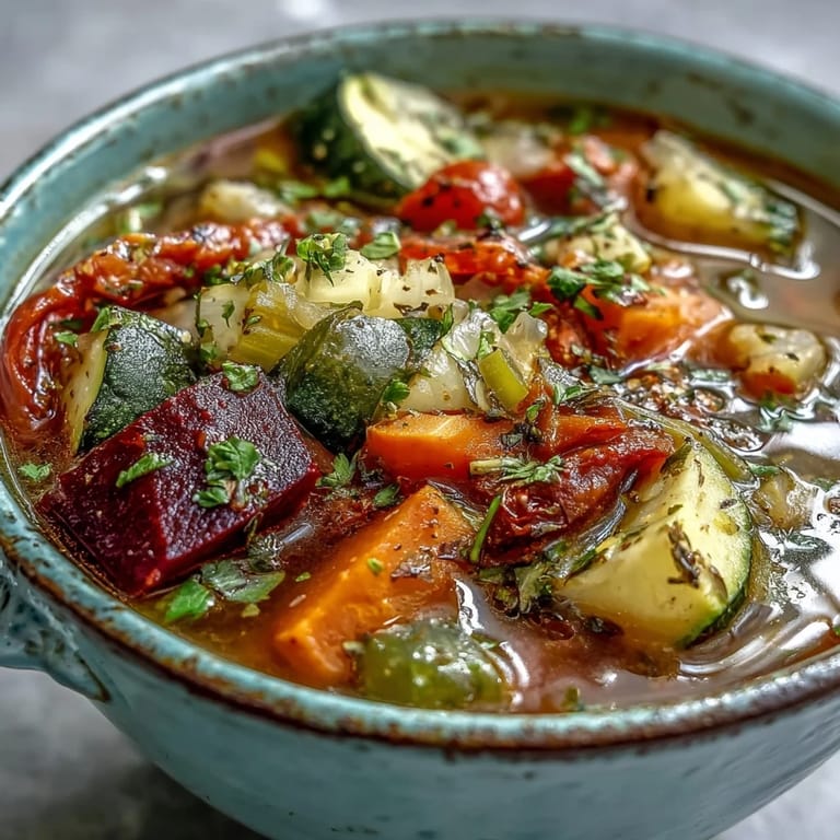 Vibrant pot of simmering Rainbow Vegetable Detox Soup featuring diced tomatoes, bell peppers, and spices, ready to be ladled out.