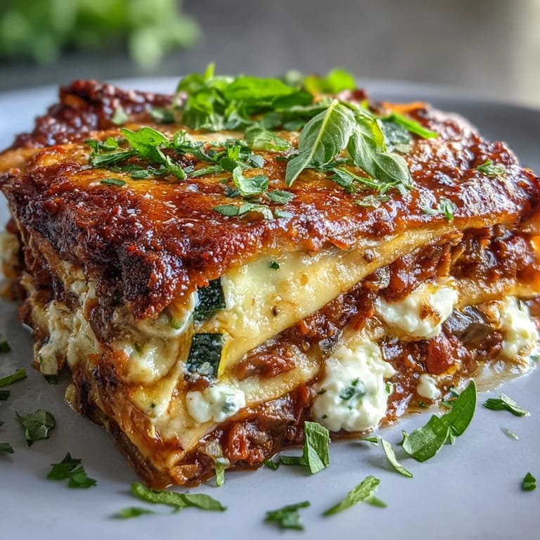 Layers of no-boil pasta, creamy ricotta, and smoky lentil vegetable bolognese are served straight from the skillet.