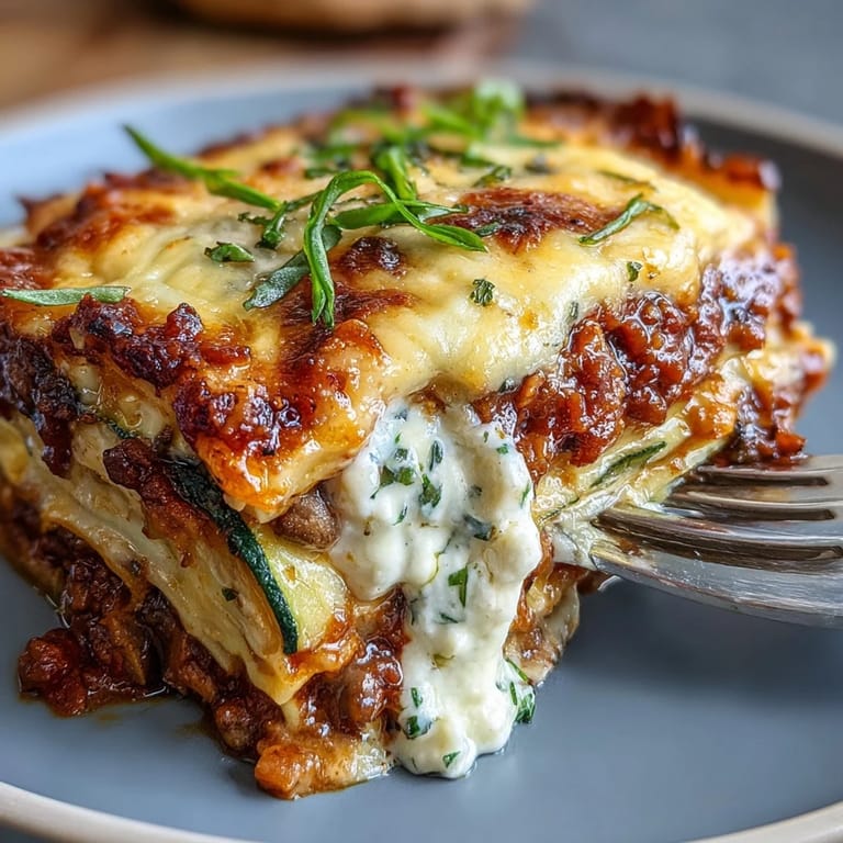 Hearty vegetarian dinner slice reveals red lentils, mushrooms, and zucchini baked with mozzarella and Parmesan.