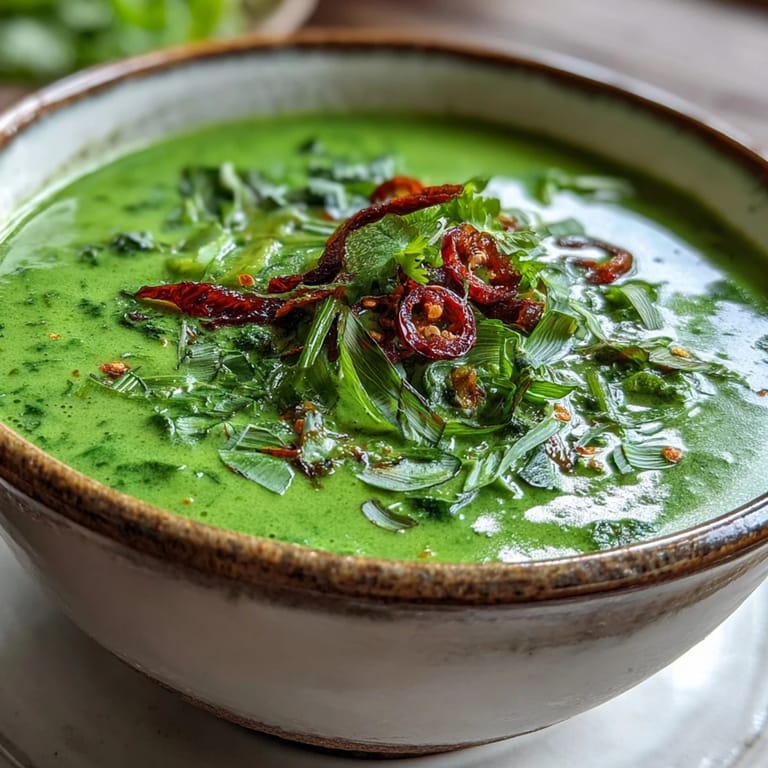 Creamy green Spinach Coriander Lemongrass Soup served in a rustic ceramic bowl with spoon.