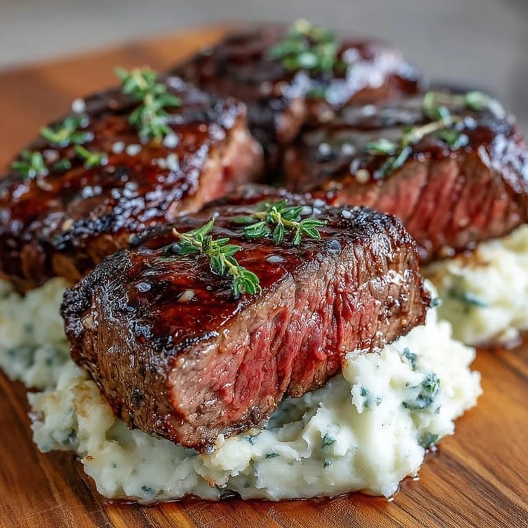 Steaming venison steaks with caraway crushed swede served alongside sautéed winter greens on a rustic plate.