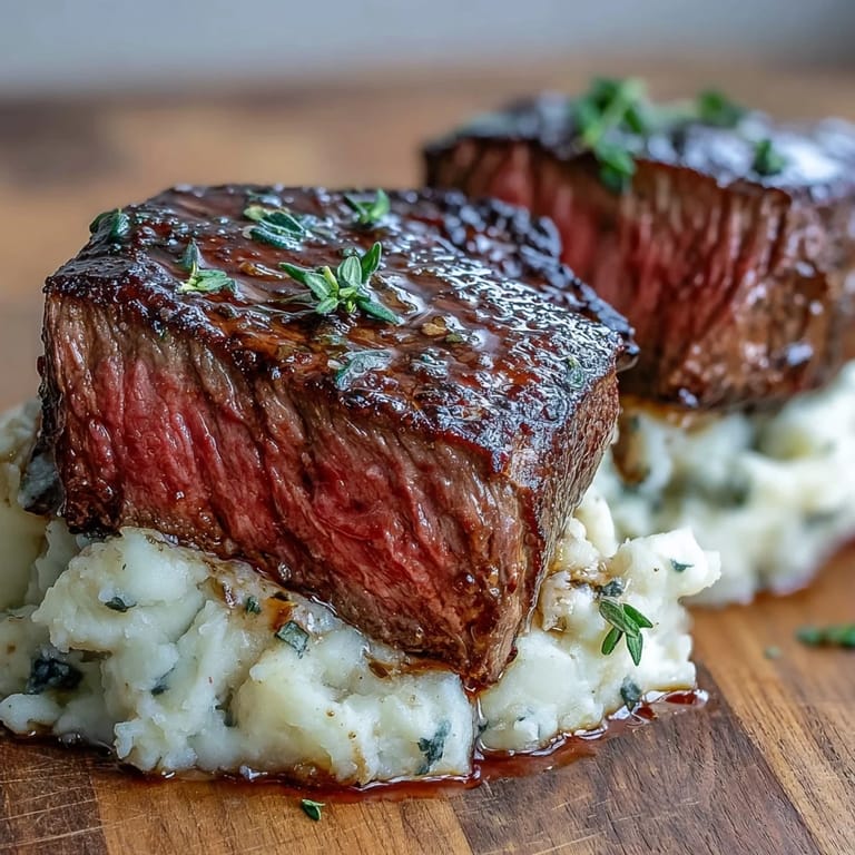 Sizzling venison steak freshly seared, topped with melted butter and placed over buttery caraway swede mash.