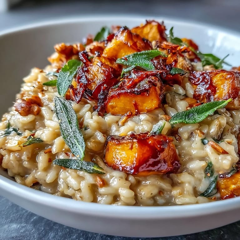 Savory Vegan Pumpkin Risotto served in a white bowl, garnished with fresh sage and a drizzle of olive oil.