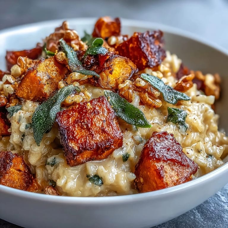 Vegan Pumpkin Risotto plated with a lemon wedge and nutritional yeast, highlighting its creamy texture and autumnal orange hue.