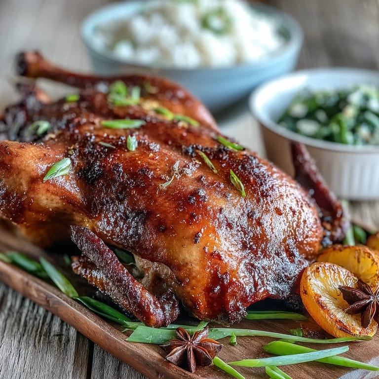 Five-Spice Roast Ducks with glistening, crisp skin and orange slices on a wooden serving board.