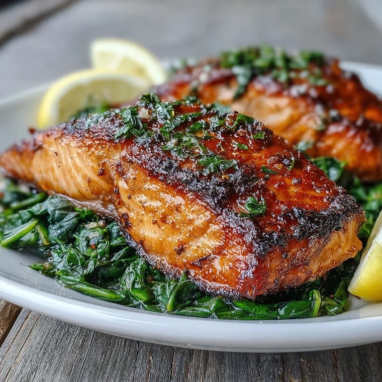 Two Air Fryer Salmon and Swiss Chard fillets rest on wilted greens, ready for a quick, healthy dinner.