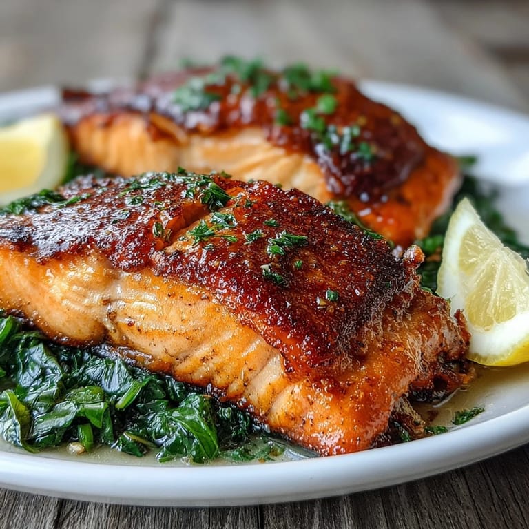 Perfectly flaky Air Fryer Salmon and Swiss Chard, garnished with red pepper flakes, served alongside bright lemon.