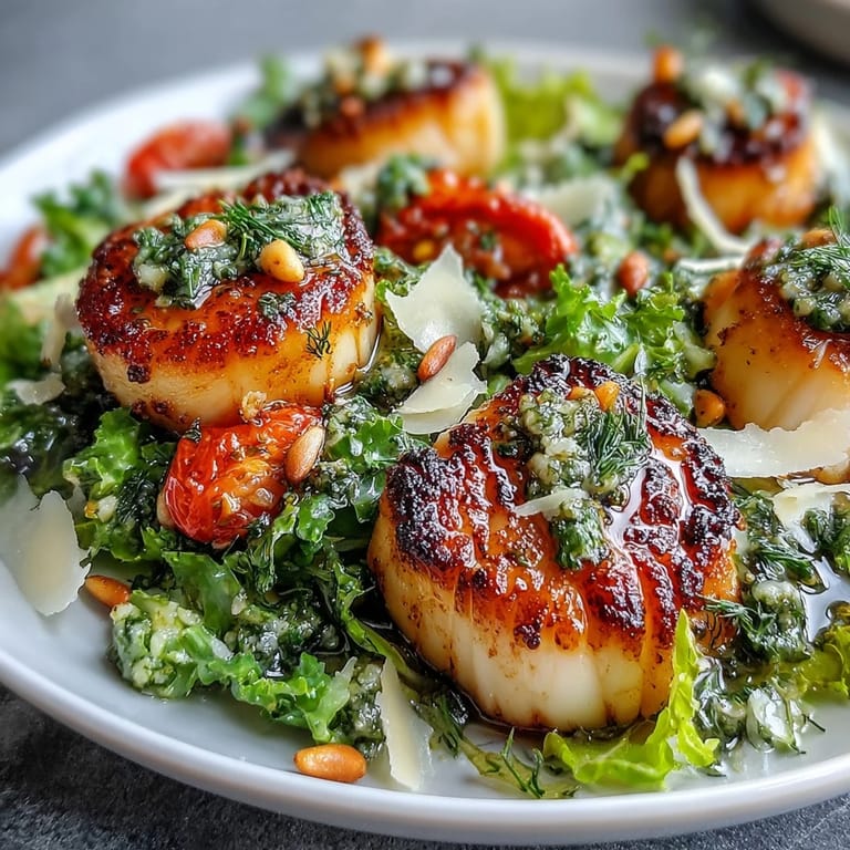 Close-up of golden brown scallops served on an escarole salad with a drizzle of pesto.