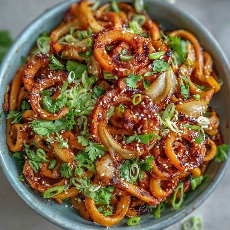 A vibrant bowl of Gochujang Swede Noodles featuring golden roasted rutabaga, crisp bean sprouts, and a glossy, fiery sauce.