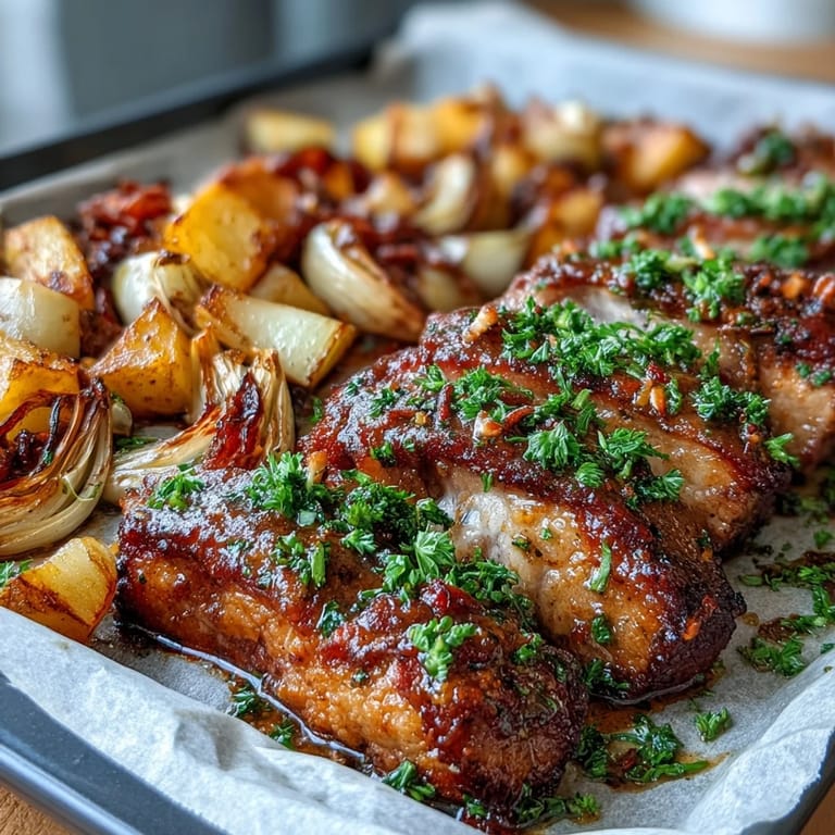 A close-up of glazed Pork and Aromatic Rhubarb Traybake, garnished with fresh parsley and bright citrus zest.