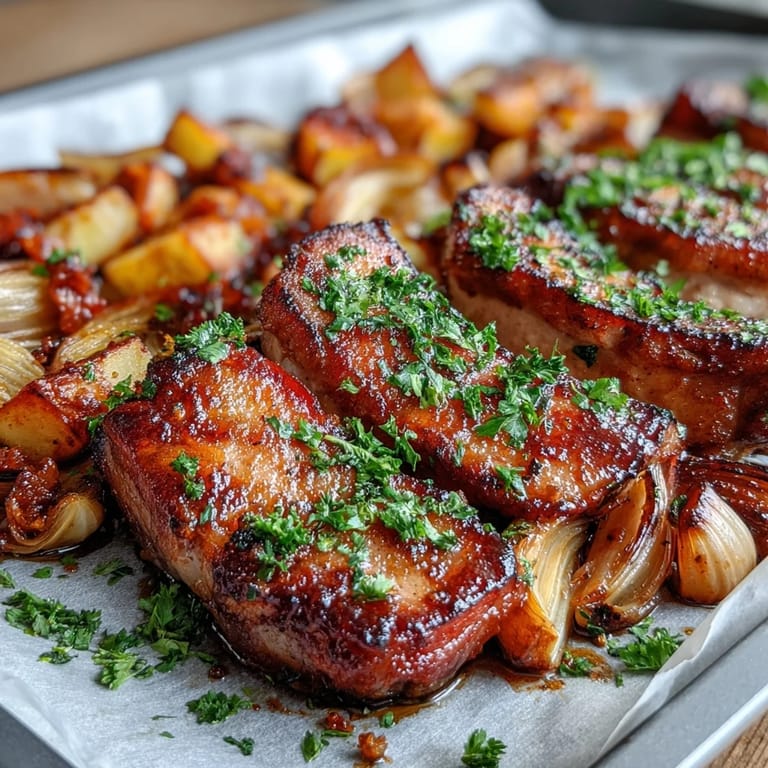 Golden brown Pork and Aromatic Rhubarb Traybake served on a rustic platter with roasted potatoes and a green salad.