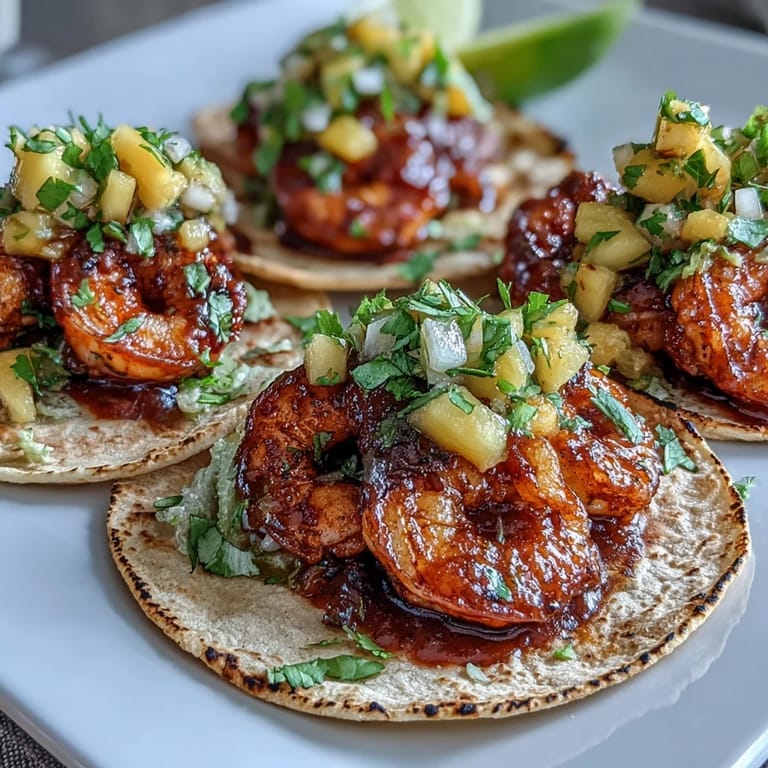 Close-up of Sriracha Shrimp Tacos in flour tortillas, showcasing juicy shrimp and fresh mango salsa on a rustic plate.