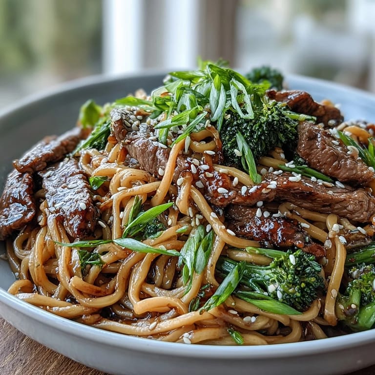 A savory bowl of Korean Beef Noodles garnished with green onions, served alongside a small dish of sesame seeds and chopsticks.