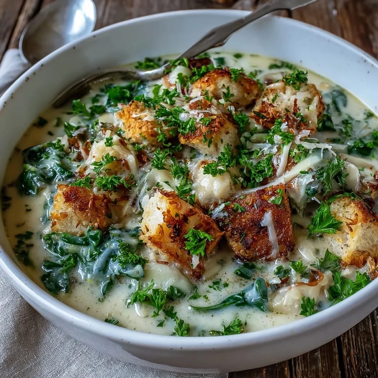 Garlic Parmesan Chicken Soup ladleful showing the velvety broth with herbs and golden chicken, perfect for a cozy dinner.