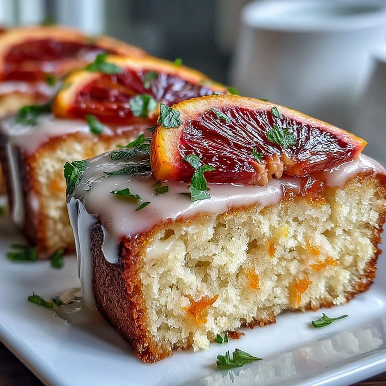 Golden-baked Heavenly Blood Orange Yogurt Cake showing moist crumb and vibrant citrus icing drizzle.