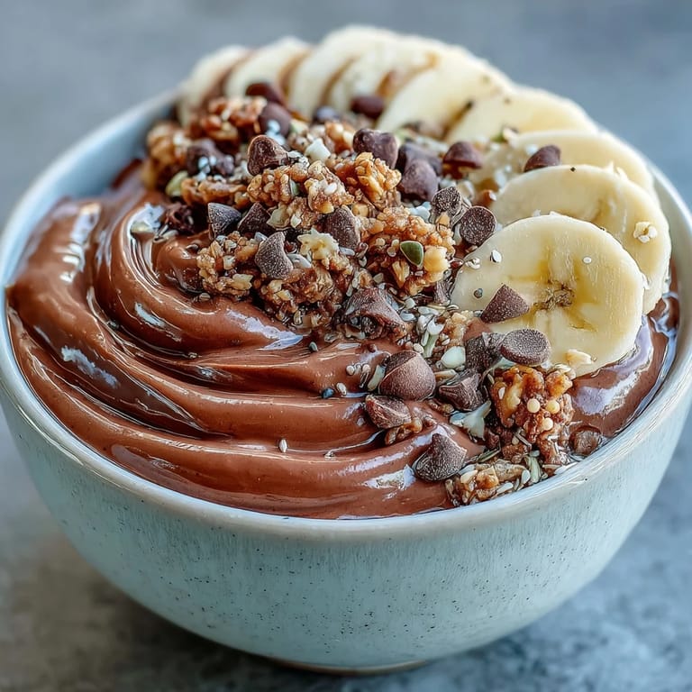 A close-up of a Chunky Monkey Smoothie Bowl with a spoon digging in, revealing rich chocolate and peanut butter flavors.