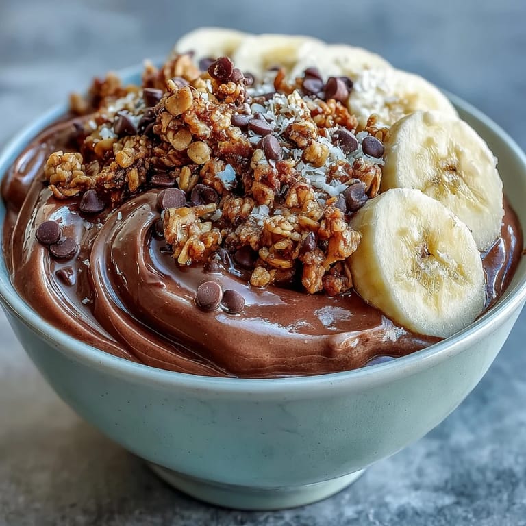 Overhead view of Chunky Monkey Smoothie Bowls garnished with hemp seeds and chocolate chips, ready to serve for breakfast.