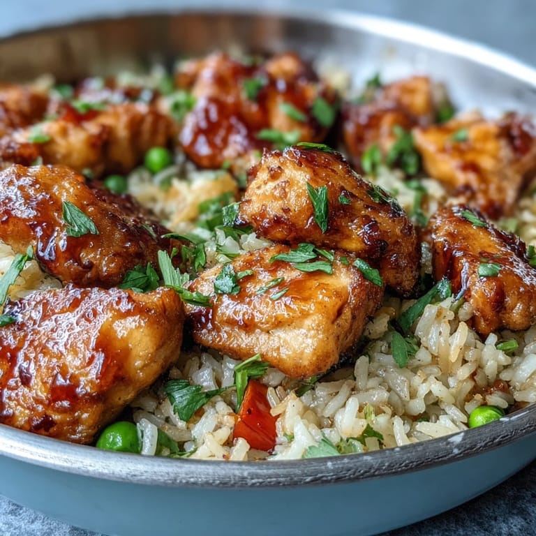 Spoon scooping up a serving of One-Pan Bold Honey BBQ Chicken Rice with chicken, veggies, and rice from a cast iron skillet. A quick and easy American weeknight dinner with easy cleanup.
