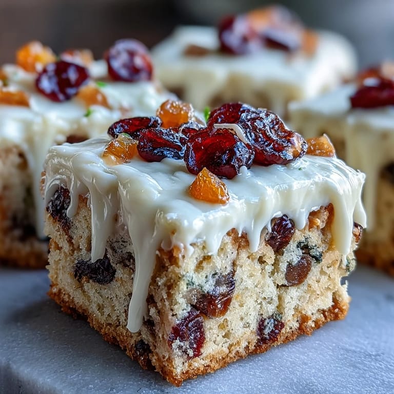 Freshly baked Cranberry Bliss Bars with buttery golden edges, studded with dried cranberries and white chocolate chips inside.