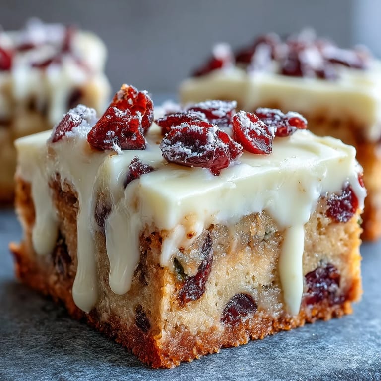 A platter of Cranberry Bliss Bars with snowy white chocolate drizzle and zesty orange frosting on a cozy holiday table. 