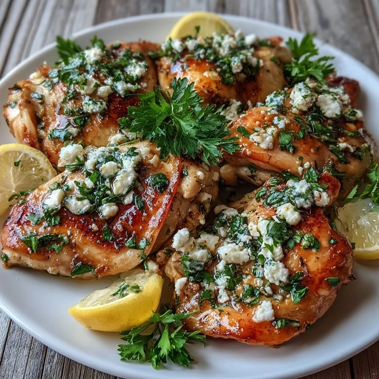 Tender Greek Chicken with Lemon and Feta served over rice with a side salad for a healthy dinner.