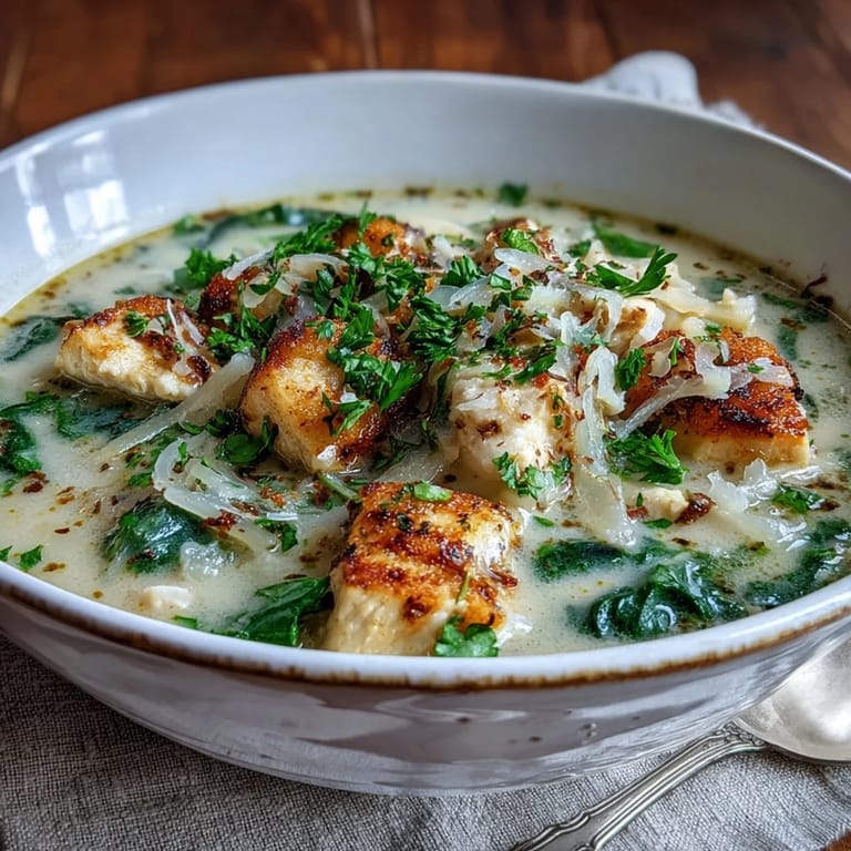 A comforting bowl of Garlic Parmesan Chicken Soup with tender chicken pieces and wilted spinach, paired with crusty bread.