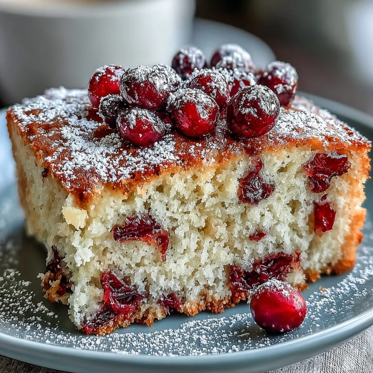 Overhead view of a rustic Cranberry Orange Breakfast Cake in a round pan, topped with orange zest and fresh cranberries.