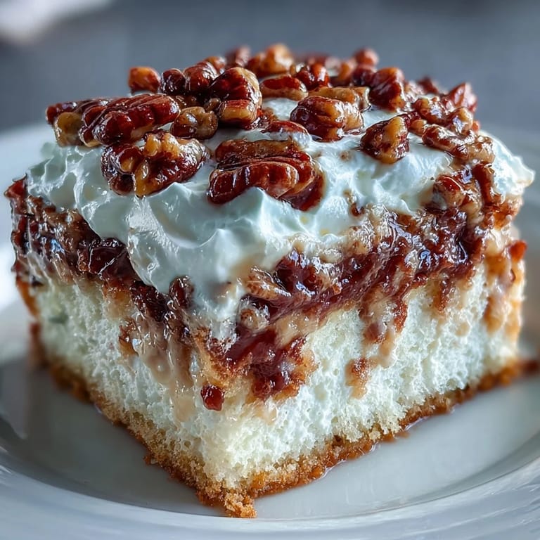 Close-up of Butter Pecan Tres Leches Cake showing creamy, sweet milk soak soaking into tender crumb, garnished with crunchy caramelized pecans and vanilla whipped cream.
