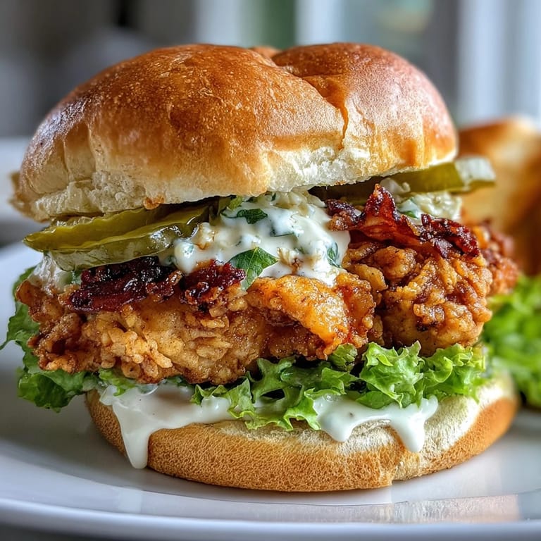 Homemade Spicy Chicken Sandwich stacked with pickles and lettuce, drizzled with creamy sauce on a toasted brioche bun.