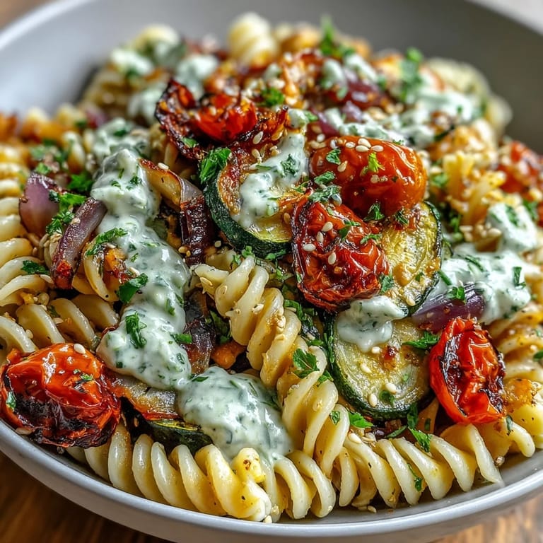 Close-up view of a chickpea pasta bowl with caramelized cherry tomatoes and sesame seeds, tossed in a smooth, garlicky tahini sauce.