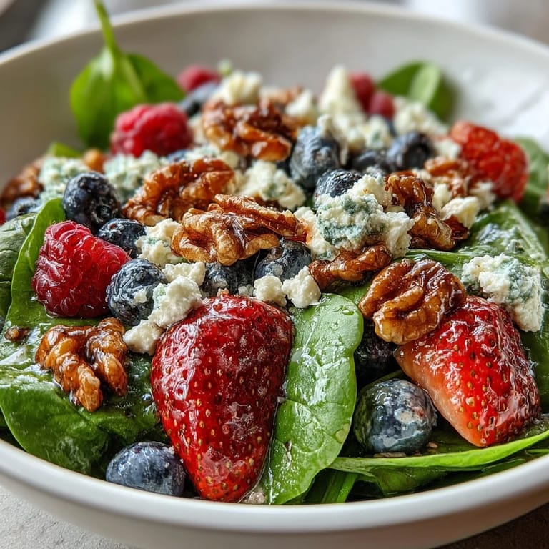 Juicy strawberries, blueberries, and raspberries mingle with creamy goat cheese and crunchy walnuts in this colorful spinach and berry salad bowl.