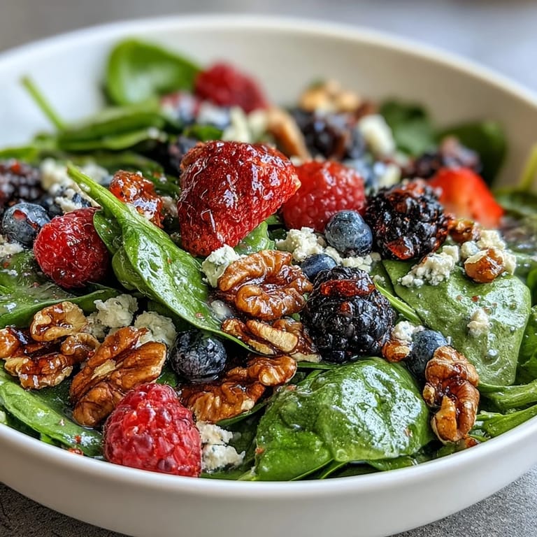 A close-up of the spinach and berry salad bowl shows a drizzle of tangy homemade vinaigrette over goat cheese and nuts.
