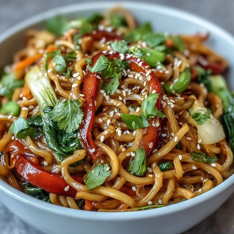 Colorful stir-fried Shirataki Noodle Bowl topped with toasted sesame seeds, served hot in a ceramic bowl for a healthy low-carb meal.
