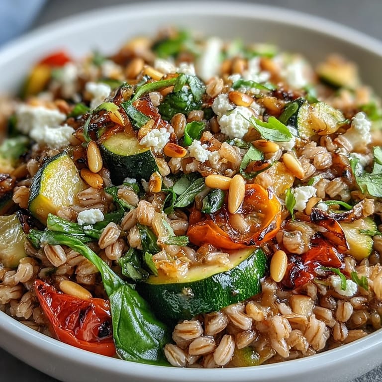 A vibrant Farro Pasta Bowl garnished with toasted pine nuts and feta, served as a wholesome vegetarian main.