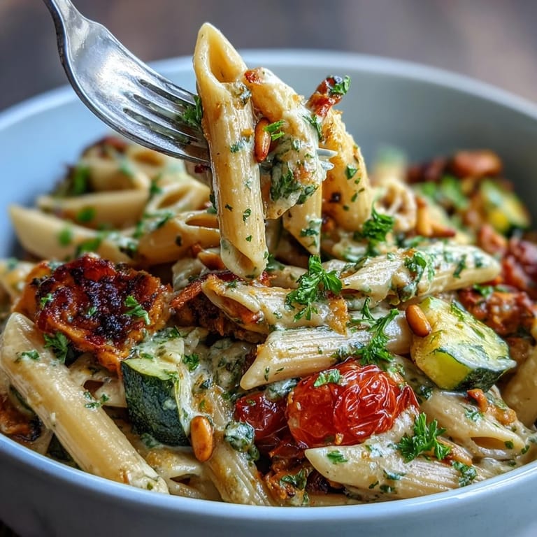 A vibrant bowl of whole wheat pasta tossed with roasted zucchini, bell peppers, and cherry tomatoes.