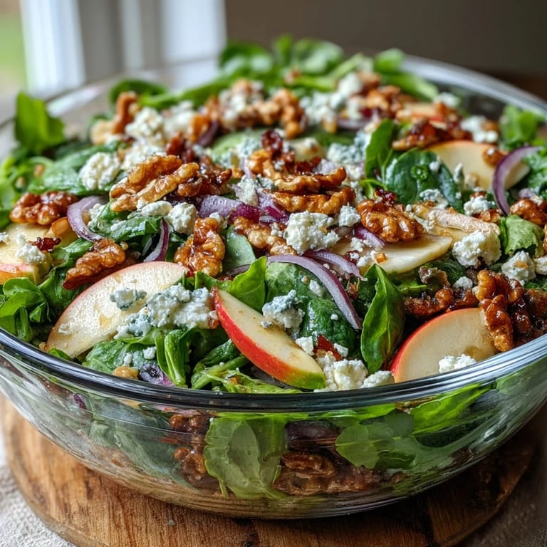 Colorful salad bowl with Mixed Greens and Apple Bowl ingredients, featuring dried cranberries and walnuts for a crunchy bite.