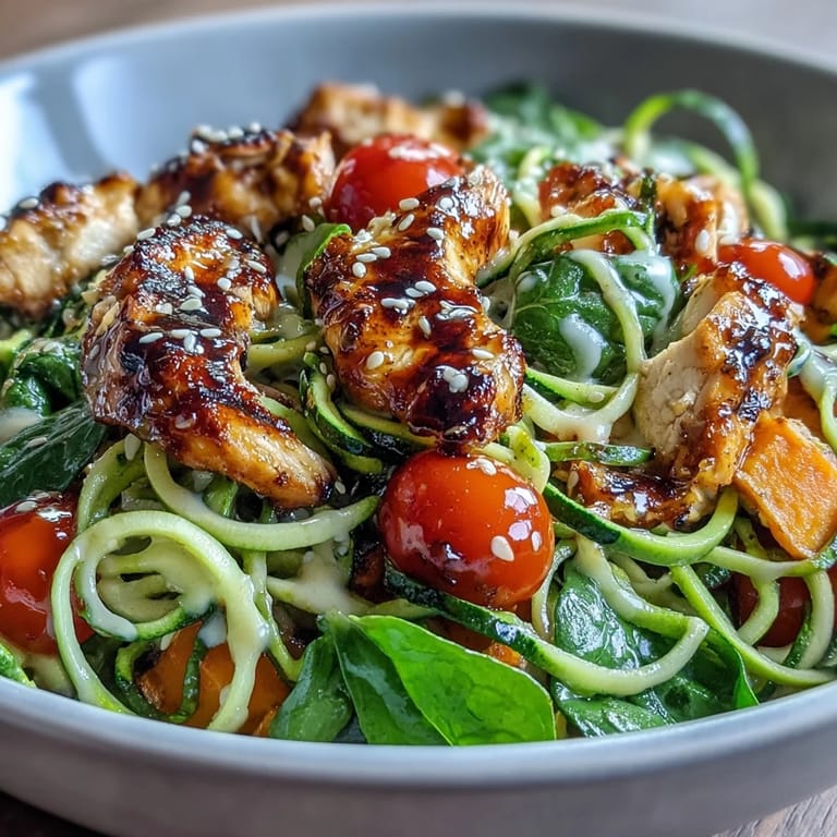 Nutritious spiralized vegetable bowl with tender zucchini and sweet potato noodles, paired with protein and drizzled with zesty lemon tahini dressing.