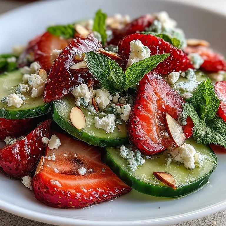 Refreshing cucumber and strawberry salad tossed with mint, feta, and almonds for a light, nutritious side dish.  