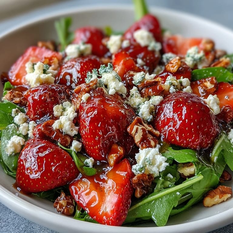 A refreshing Spring Dinner Party Strawberry Arugula Salad with Balsamic Glaze, featuring ripe berries, toasted nuts, and a zesty lemon-olive oil dressing, perfect for entertaining.