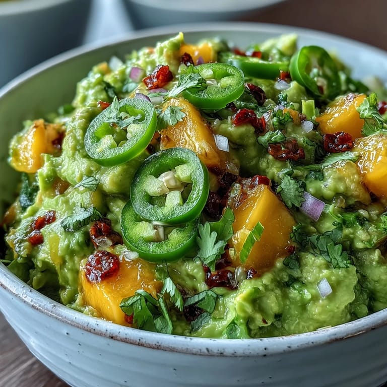 Fresh avocado dip mixed with sweet mango chunks and spicy jalapeño for a festive Cinco de Mayo appetizer.