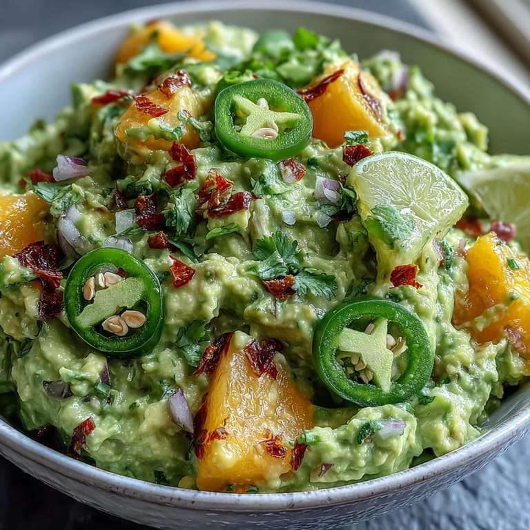 A bowl of chunky guacamole featuring ripe avocado, juicy mango, and finely diced jalapeño, served with crispy tortilla chips.