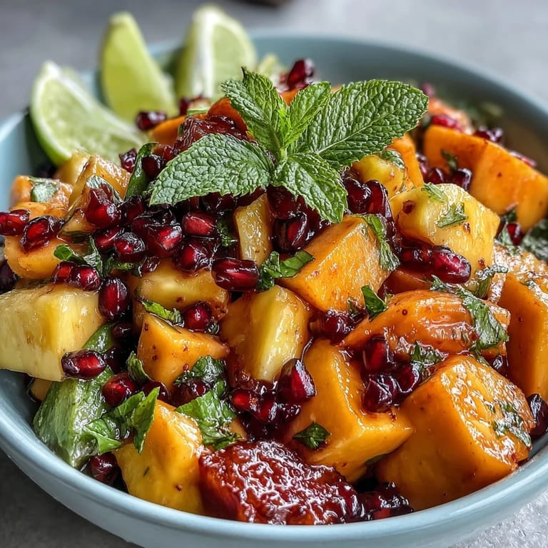 Colorful display of ripe mangoes, pineapples, and mixed tropical fruits arranged for visual appeal at a festive brunch or event.